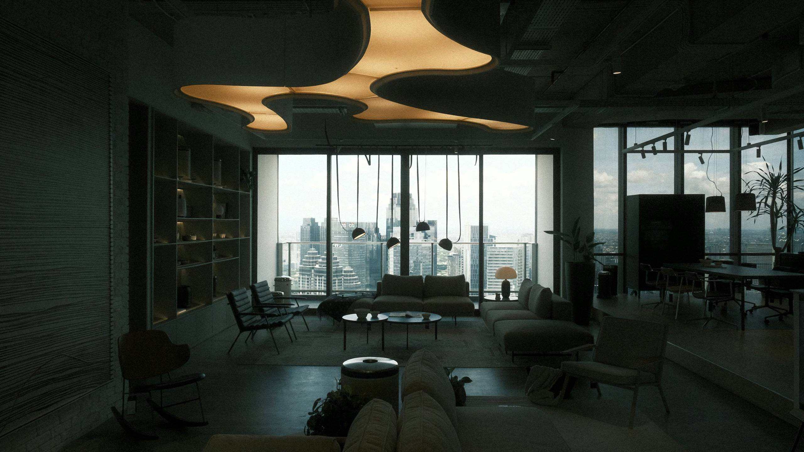 Lounge executivo com poltronas e vista para a cidade